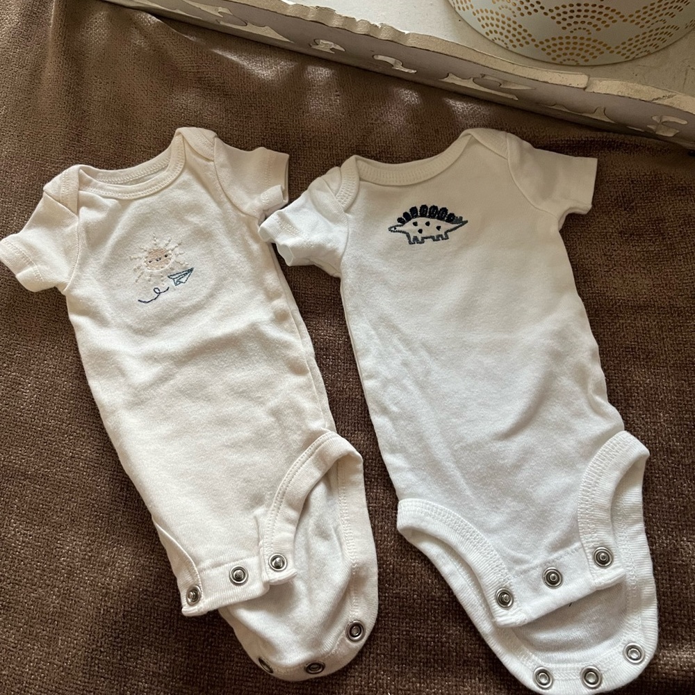 2 Carter’s Preemie Bodysuit Onesies - Dinosaur & Sun